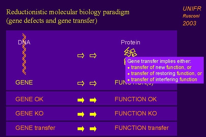 Reductionistic molecular biology paradigm (gene defects and gene transfer) DNA UNIFR Rusconi 2003 Protein