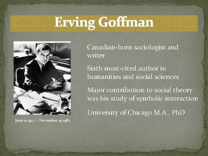 Erving Goffman Canadian-born sociologist and writer. Sixth most-cited author in humanities and social sciences