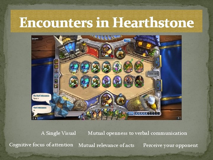 Encounters in Hearthstone A Single Visual Mutual openness to verbal communication Cognitive focus of
