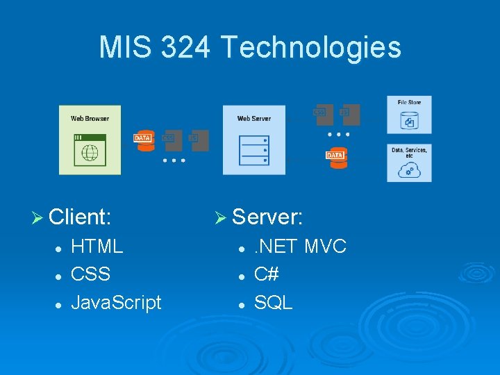 MIS 324 Technologies Ø Client: l l l HTML CSS Java. Script Ø Server: