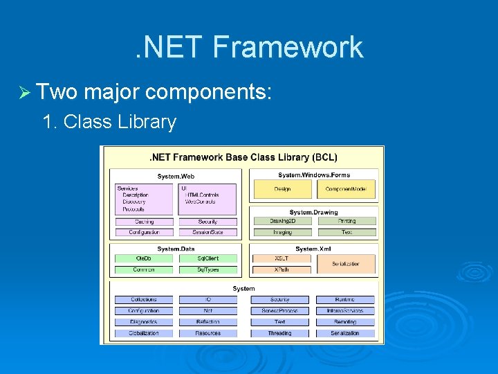 . NET Framework Ø Two major components: 1. Class Library 