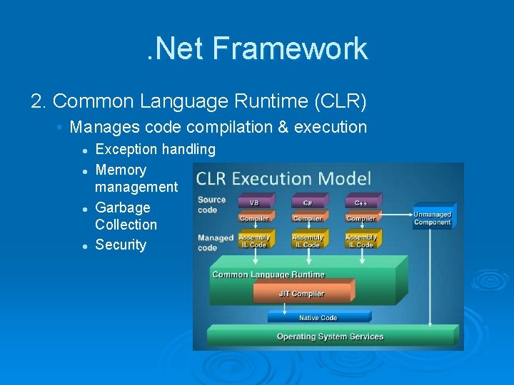 . Net Framework 2. Common Language Runtime (CLR) • Manages code compilation & execution