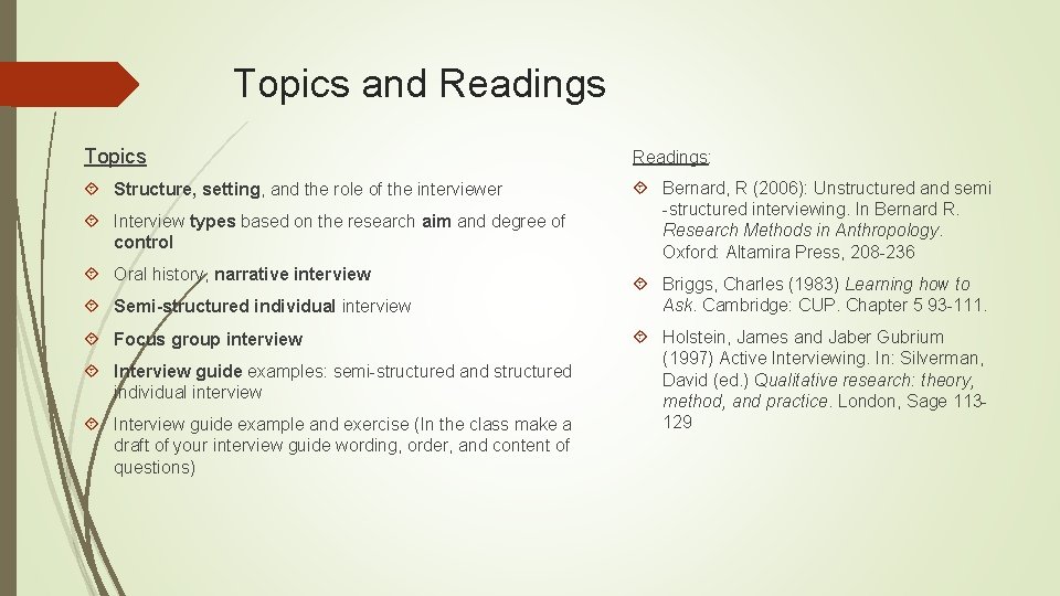 Topics and Readings Topics Readings: Structure, setting, and the role of the interviewer Bernard,