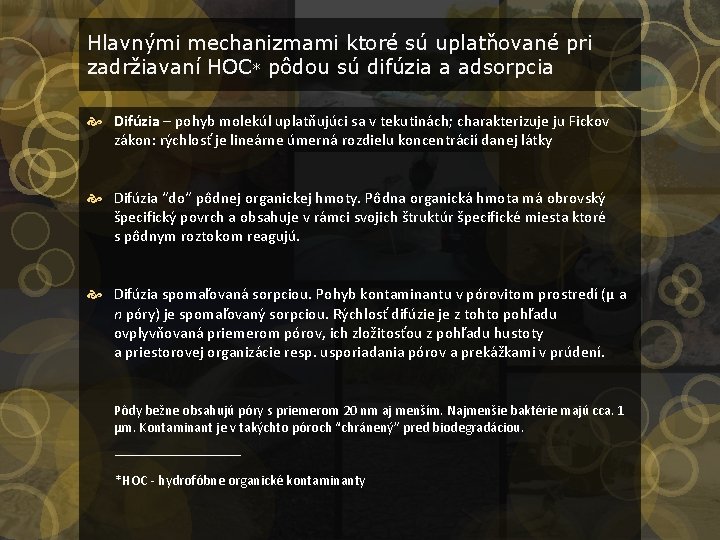 Hlavnými mechanizmami ktoré sú uplatňované pri zadržiavaní HOC* pôdou sú difúzia a adsorpcia Difúzia