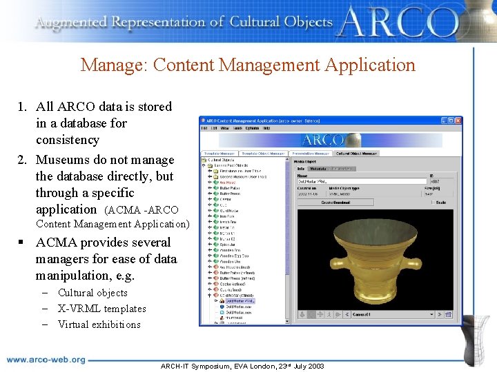 Manage: Content Management Application 1. All ARCO data is stored in a database for