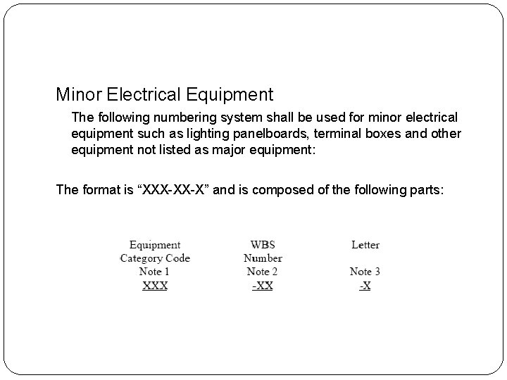 Minor Electrical Equipment The following numbering system shall be used for minor electrical equipment