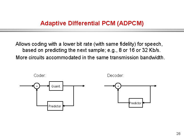Adaptive Differential PCM (ADPCM) Allows coding with a lower bit rate (with same fidelity)