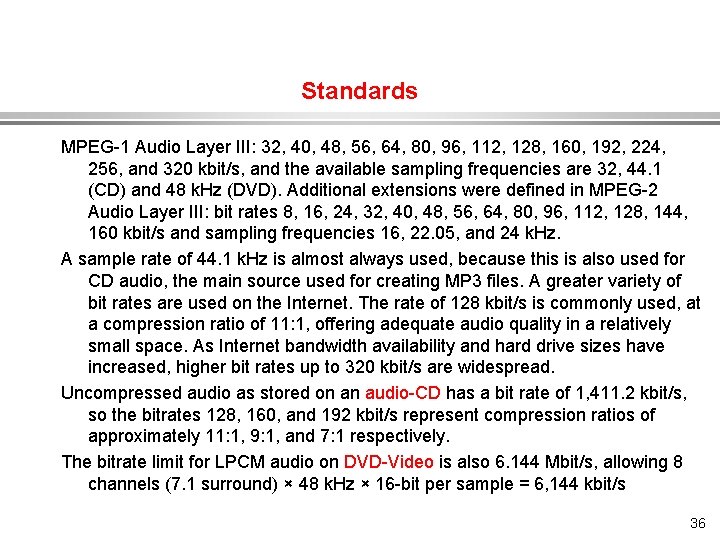Standards MPEG-1 Audio Layer III: 32, 40, 48, 56, 64, 80, 96, 112, 128,