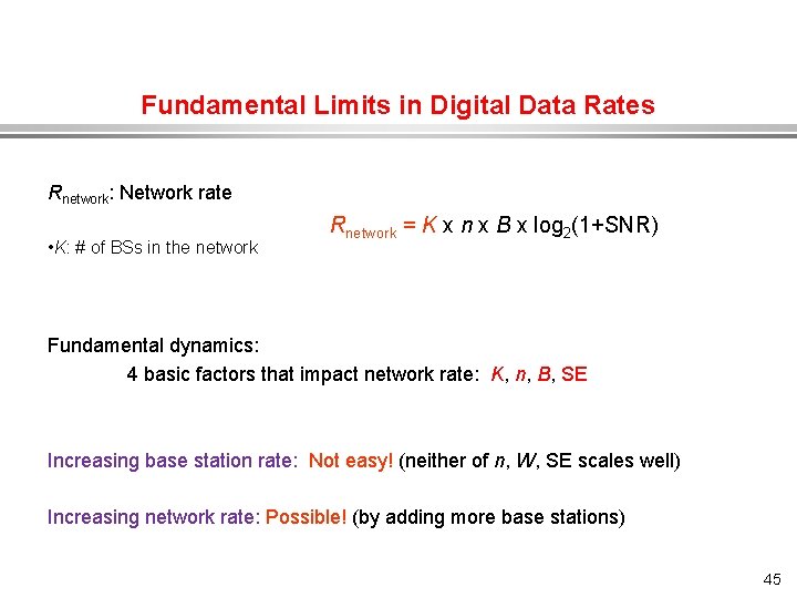 Fundamental Limits in Digital Data Rates Rnetwork: Network rate • K: # of BSs
