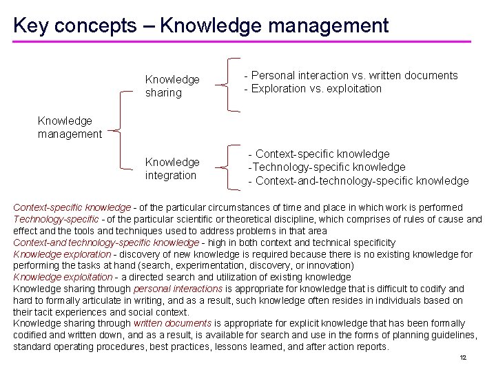 Key concepts – Knowledge management Knowledge sharing - Personal interaction vs. written documents -