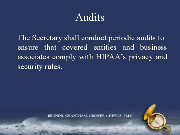Audits The Secretary shall conduct periodic audits to ensure that covered entities and business