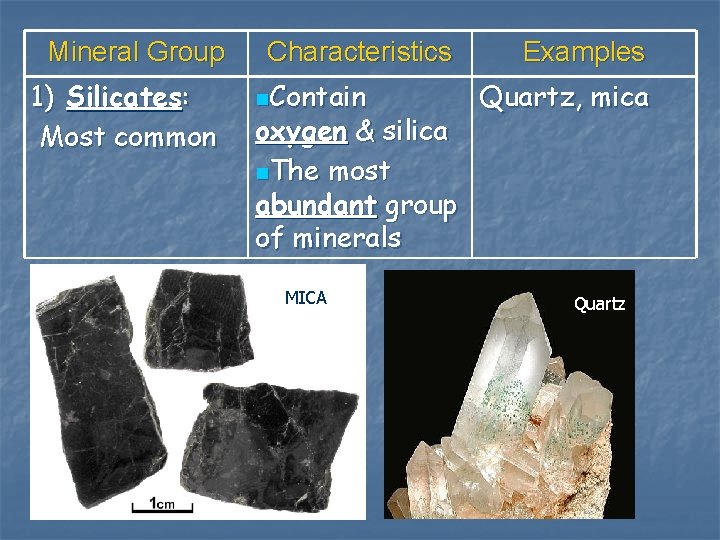 Mineral Group 1) Silicates: Most common Characteristics n. Contain oxygen & silica n. The