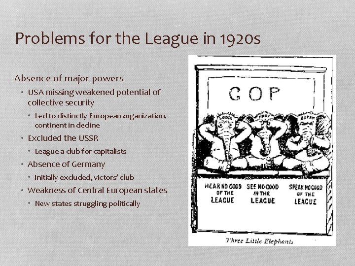 Problems for the League in 1920 s Absence of major powers • USA missing