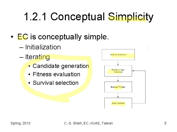 1. 2. 1 Conceptual Simplicity • EC is conceptually simple. – Initialization – Iterating