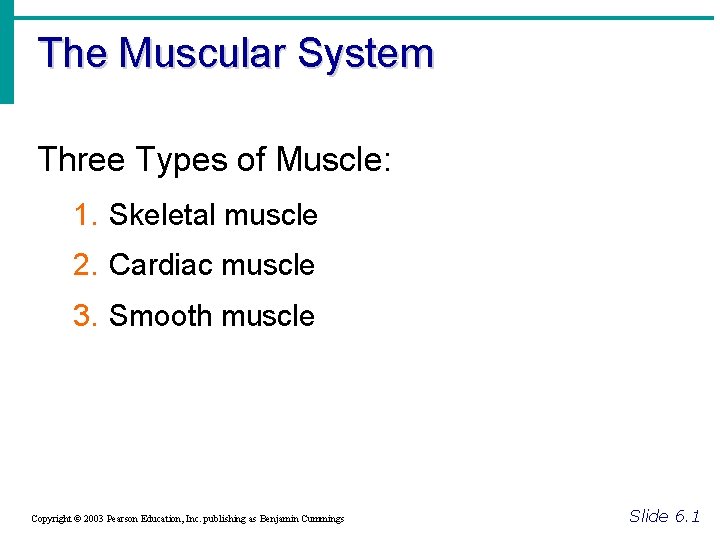 The Muscular System Three Types of Muscle: 1. Skeletal muscle 2. Cardiac muscle 3.