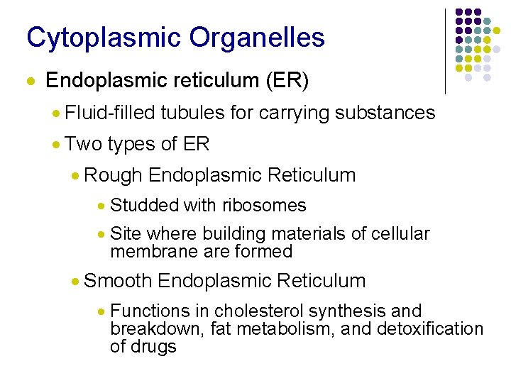 Cytoplasmic Organelles · Endoplasmic reticulum (ER) · Fluid-filled tubules for carrying substances · Two