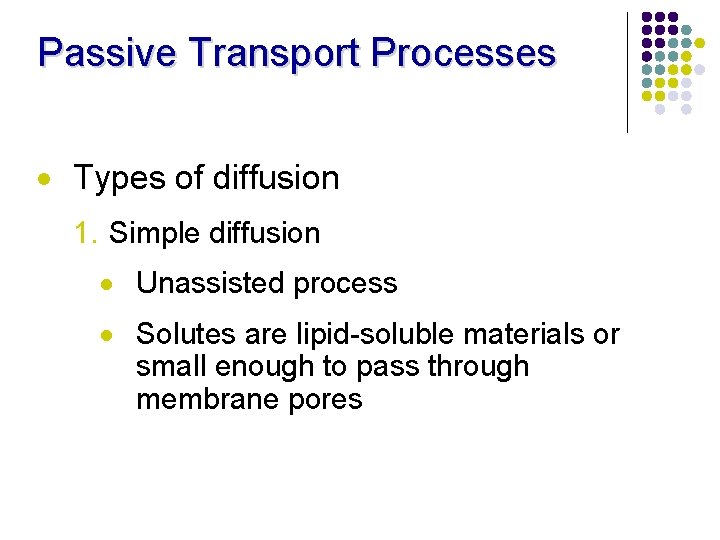 Passive Transport Processes · Types of diffusion 1. Simple diffusion · Unassisted process ·