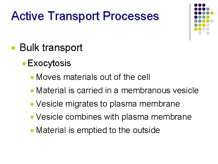 Active Transport Processes · Bulk transport · Exocytosis · Moves materials out of the