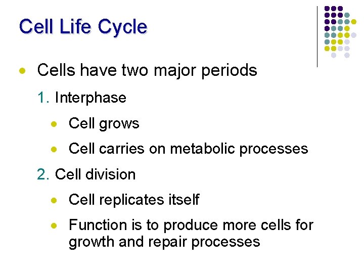 Cell Life Cycle · Cells have two major periods 1. Interphase · Cell grows