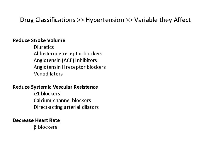 Drug Classifications >> Hypertension >> Variable they Affect Reduce Stroke Volume Diuretics Aldosterone receptor
