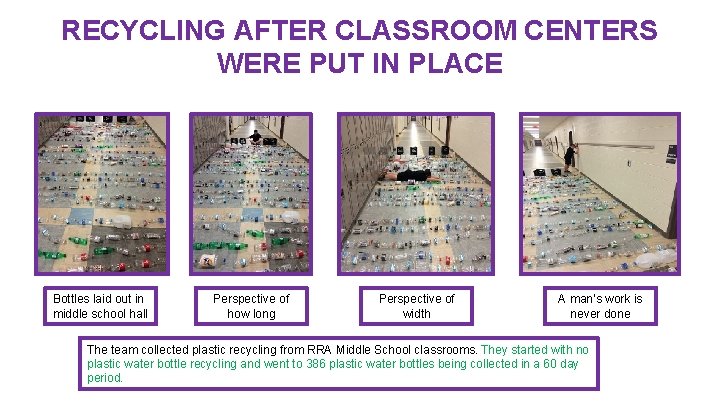 RECYCLING AFTER CLASSROOM CENTERS WERE PUT IN PLACE Bottles laid out in middle school