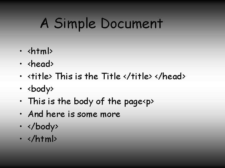 A Simple Document • • <html> <head> <title> This is the Title </title> </head>