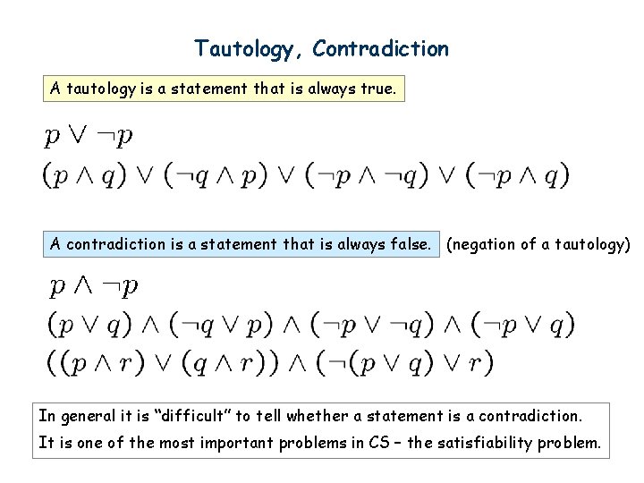 Tautology, Contradiction A tautology is a statement that is always true. A contradiction is