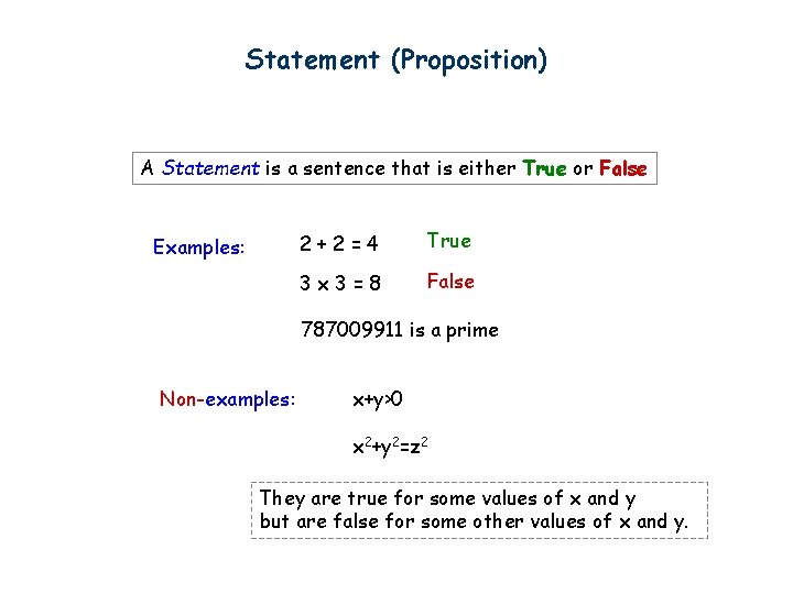 Statement (Proposition) A Statement is a sentence that is either True or False Examples: