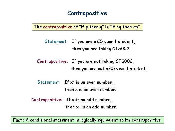 Contrapositive The contrapositive of “if p then q” is “if ~q then ~p”. Statement: