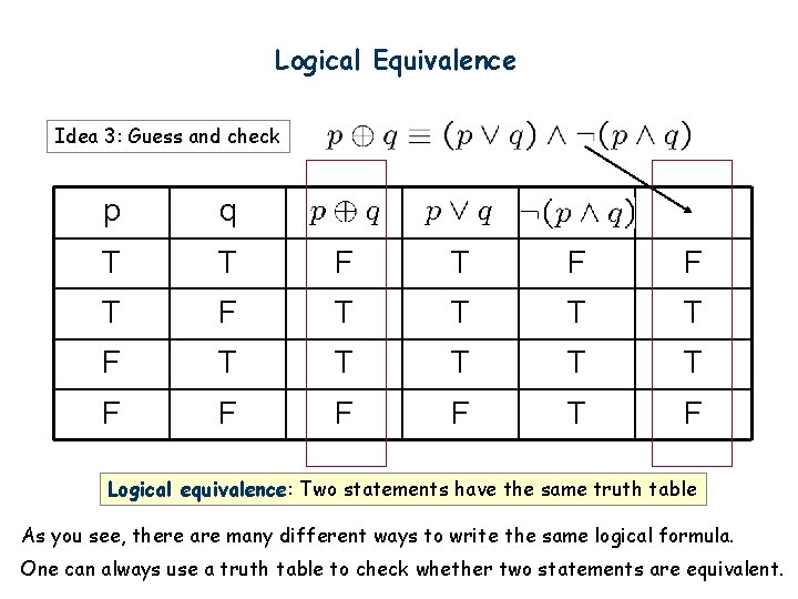 Logical Equivalence Idea 3: Guess and check p q T T F F T