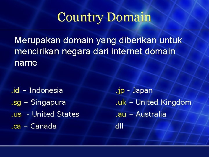Country Domain Merupakan domain yang diberikan untuk mencirikan negara dari internet domain name. id