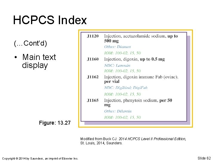 HCPCS Index (…Cont’d) • Main text display Figure: 13. 27 Modified from Buck CJ: