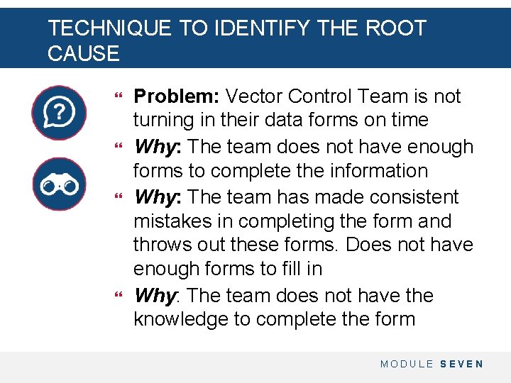 TECHNIQUE TO IDENTIFY THE ROOT CAUSE Problem: Vector Control Team is not turning in