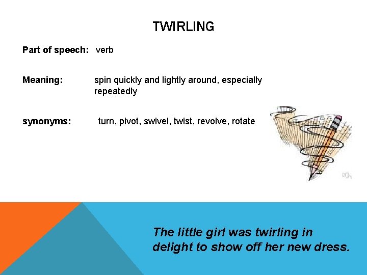 TWIRLING Part of speech: verb Meaning: spin quickly and lightly around, especially repeatedly synonyms: TWIRLING Part of speech: verb Meaning: spin quickly and lightly around, especially repeatedly synonyms:
