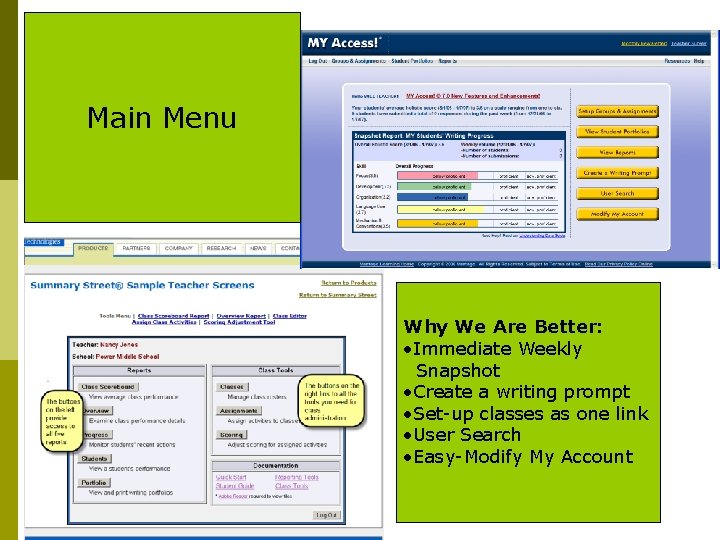 Main Menu Why We Are Better: • Immediate Weekly Snapshot • Create a writing