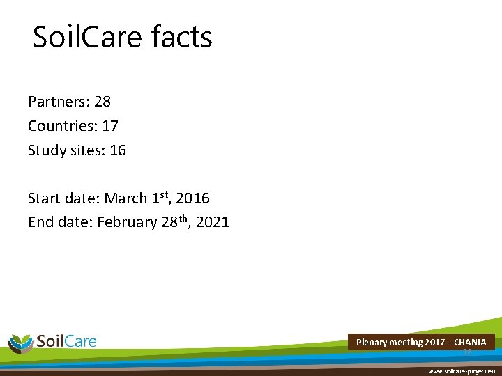 Soil. Care facts Partners: 28 Countries: 17 Study sites: 16 Start date: March 1