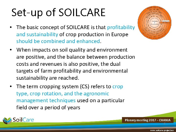 Set-up of SOILCARE • The basic concept of SOILCARE is that profitability and sustainability