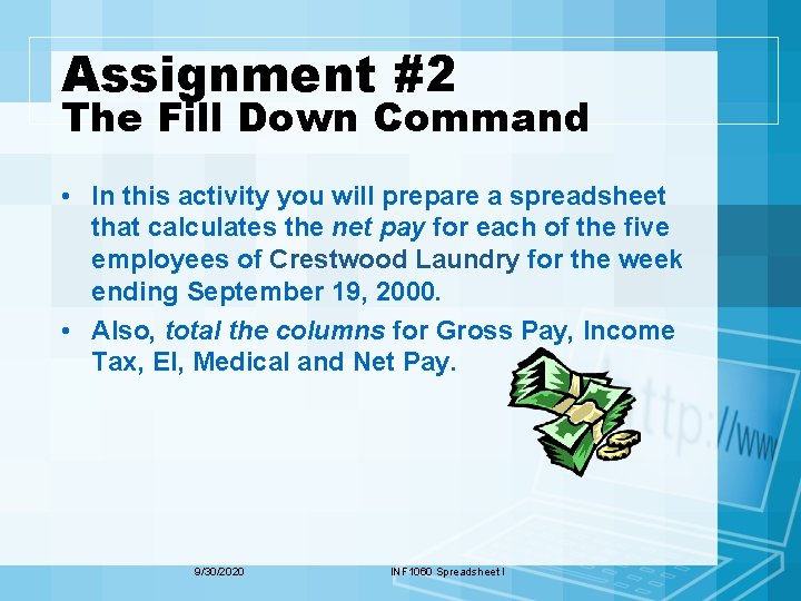 Assignment #2 The Fill Down Command • In this activity you will prepare a