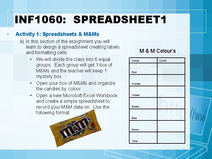 INF 1060: SPREADSHEET 1 • Activity 1: Spreadsheets & M&Ms a) In this section