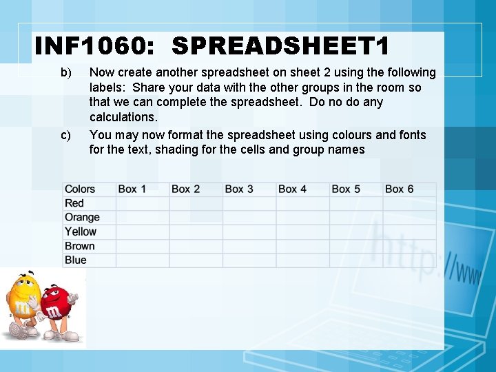 INF 1060: SPREADSHEET 1 b) c) Now create another spreadsheet on sheet 2 using