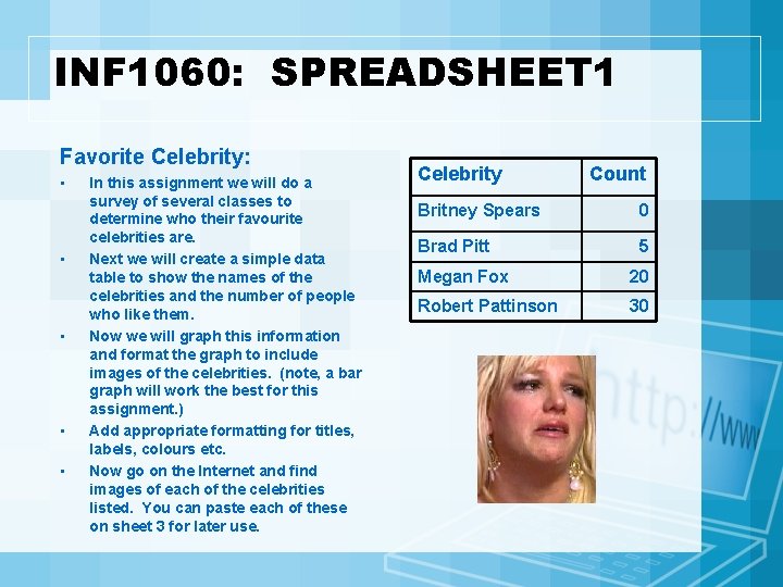 INF 1060: SPREADSHEET 1 Favorite Celebrity: • • • In this assignment we will