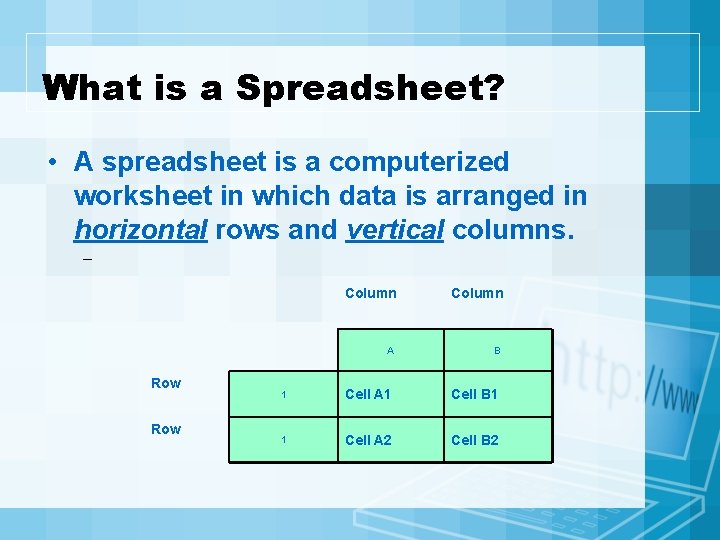 What is a Spreadsheet? • A spreadsheet is a computerized worksheet in which data