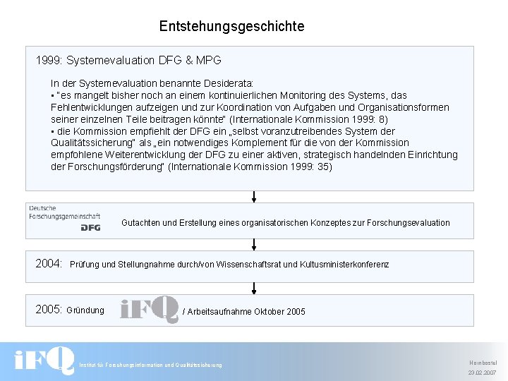 Entstehungsgeschichte 1999: Systemevaluation DFG & MPG In der Systemevaluation benannte Desiderata: • “es mangelt