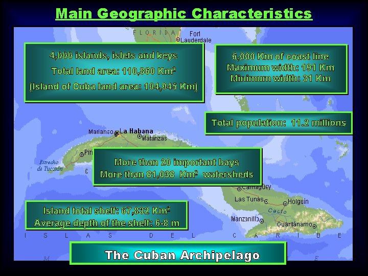 Main Geographic Characteristics 4, 000 islands, islets and keys Total land area: 110, 860