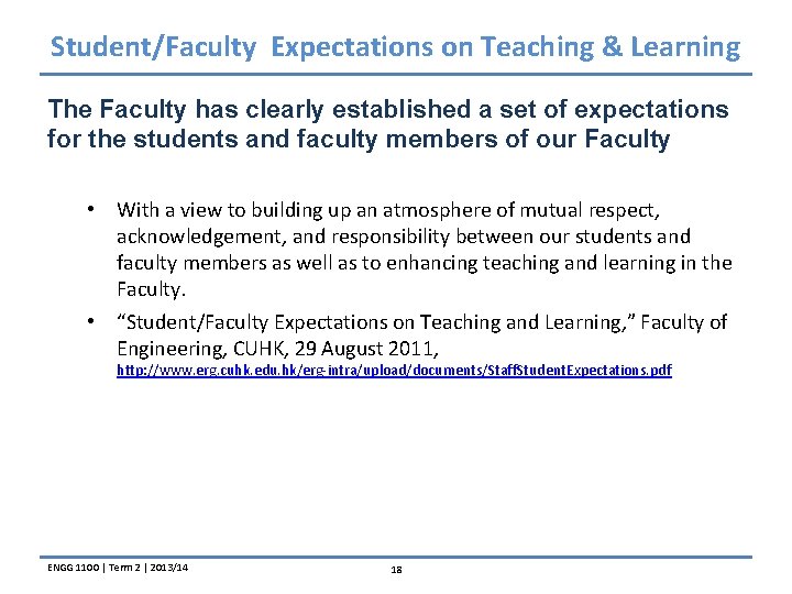 Student/Faculty Expectations on Teaching & Learning The Faculty has clearly established a set of