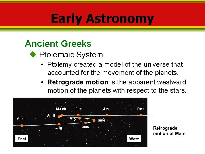 Early Astronomy Ancient Greeks Ptolemaic System • Ptolemy created a model of the universe