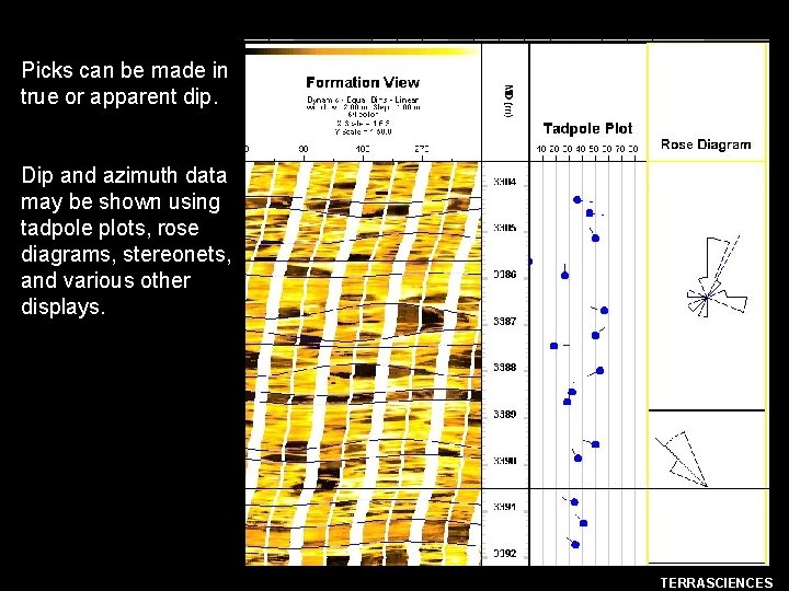 Picks can be made in true or apparent dip. Dip and azimuth data may