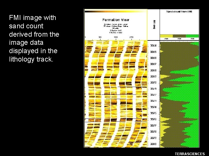 FMI image with sand count derived from the image data displayed in the lithology