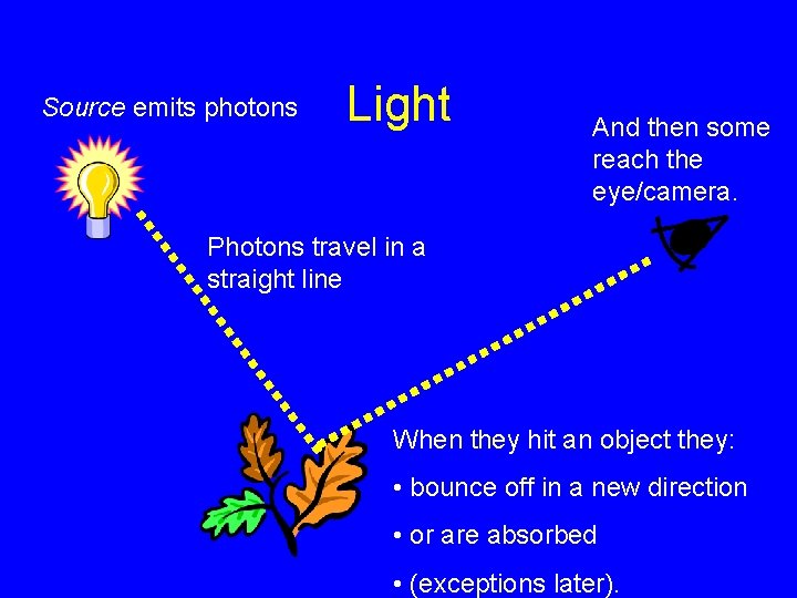 Source emits photons Light And then some reach the eye/camera. Photons travel in a