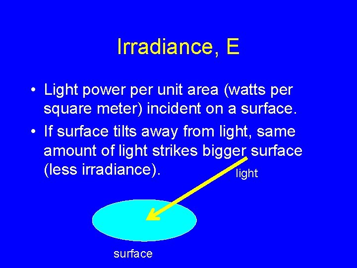 Irradiance, E • Light power per unit area (watts per square meter) incident on